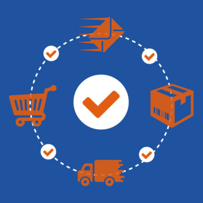 Graphic featuring mail to box to truck to cart