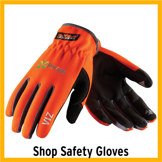 Pair of orange work gloves with black palm